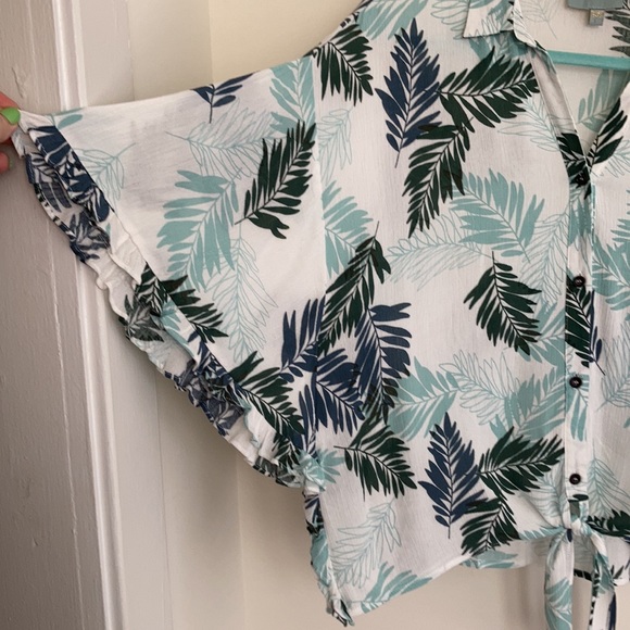 Skies Are Blue Tropical Palm Gauzy Ruffled Bat Wing Aloha Tie Top Size Large - Picture 6 of 10